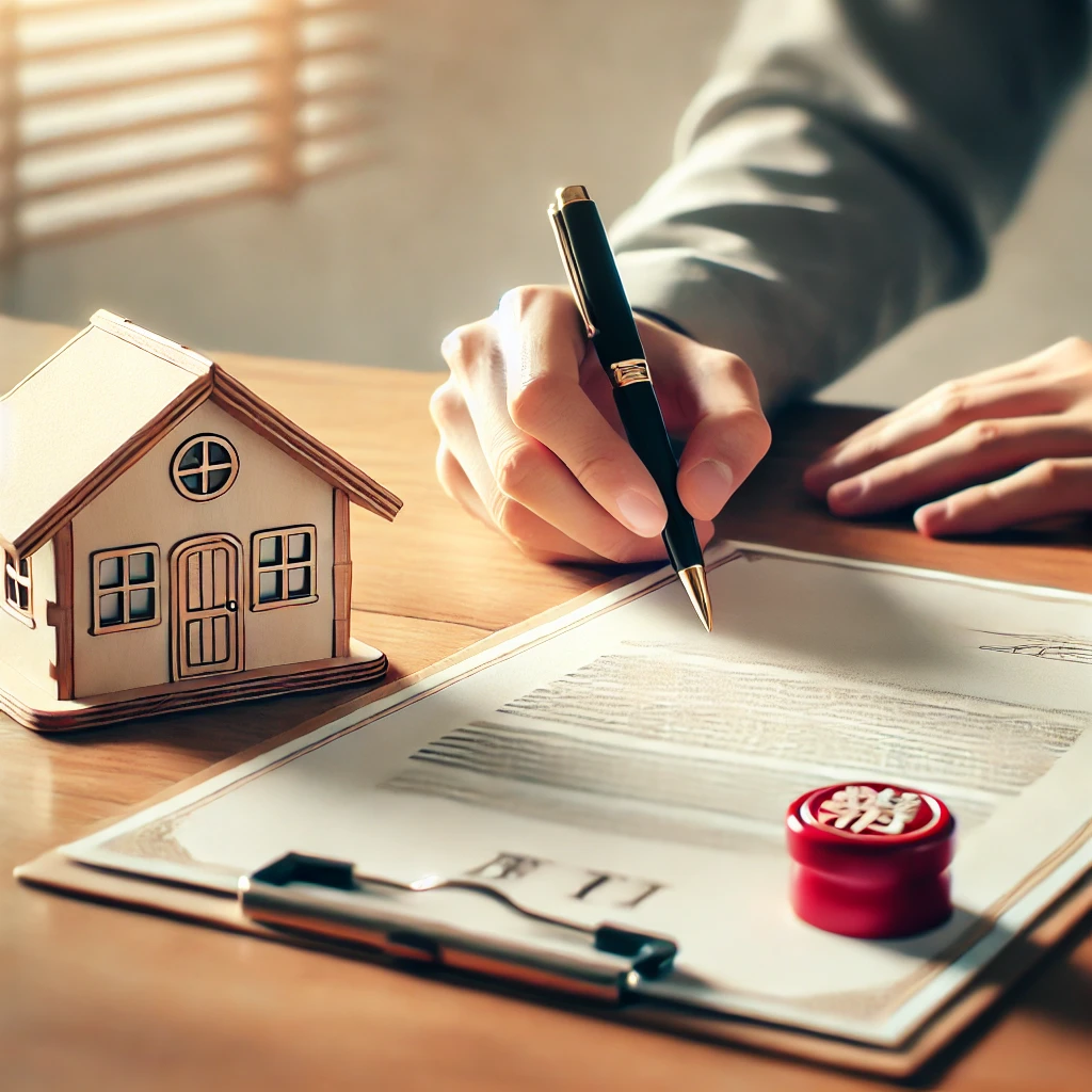 日本の不動産登記を表現したプロフェッショナルでモダンなイラストです。画像には、木製の机の上に置かれた赤い公印(ハンコ)の付いた書類、その横にある小さな模型住宅、そして署名する準備ができているペンを持つ手が含まれています。背景は柔らかくぼかされており、プロフェッショナルで公式な雰囲気を醸し出しています。配色はニュートラルで、温かみのある木の色調と柔らかい照明が特徴です。