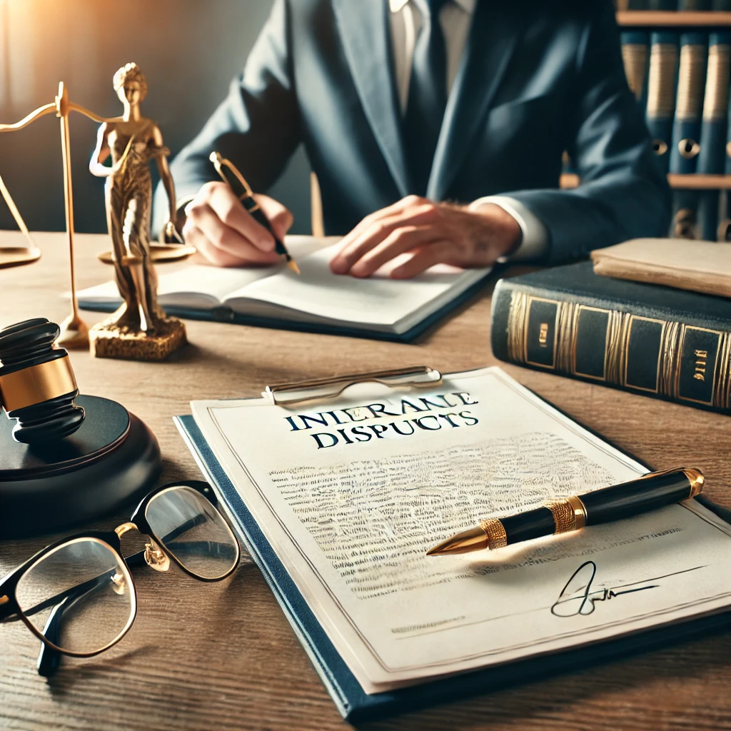 A professional and informative legal-themed image for a blog post about inheritance disputes. The image features a close-up of a legal contract with a pen, a pair of reading glasses, and a judge's gavel on a wooden desk. In the background, a lawyer is discussing legal documents with a client. The color scheme includes neutral tones with blue and gold accents to convey trust and professionalism.